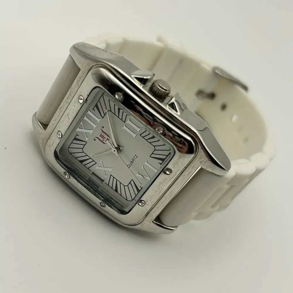 JustFab Encore Women’s Silver Case White Silicone Band Watch New Battery